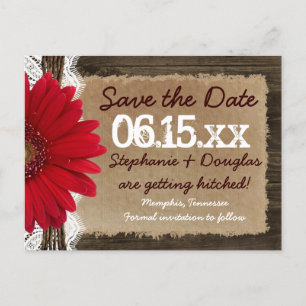 Rustic Wood Red Daisy Save the Date Briefkaarten