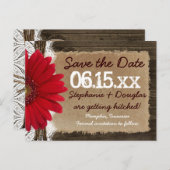 Rustic Wood Red Daisy Save the Date Briefkaarten (Voorkant / Achterkant)