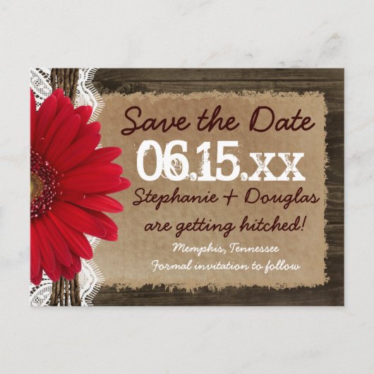 Rustic Wood Red Daisy Save the Date Briefkaarten (Voorkant)