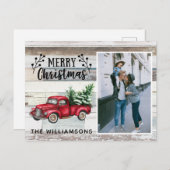 Rustic Wood  Red Truck Photo Script Merry Feestdagenkaart (Voorkant / Achterkant)