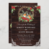 Rustic Wood Robin en Holly Christmas Wedding Kaart (Voorkant / Achterkant)