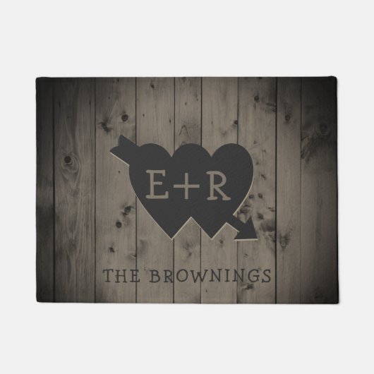 Rustic Wood Romantic Hearts Monogram Initialen Deurmat (Voorkant)