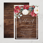 Rustic Wood Romantic Red Floral Wedding Kaart (Voorkant / Achterkant)