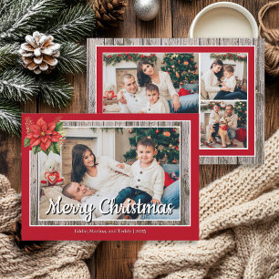 Rustic Wood Rood Familie 4 Foto Prettig Kerstfeest Feestdagenkaart