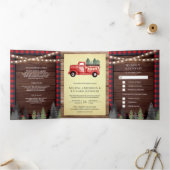 Rustic Wood Rood kerstfeest bruiloft Drieluik Uitnodiging (Binnen)