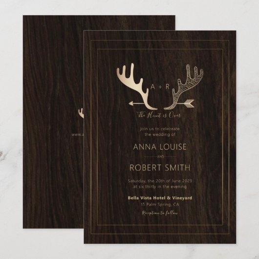 Rustic Wood Roos Gold Antlers Arrow Wedding Kaart (Voorkant / Achterkant)
