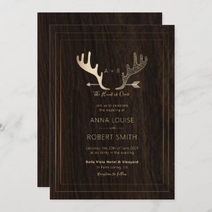 Rustic Wood Roos Gold Antlers Arrow Wedding Kaart