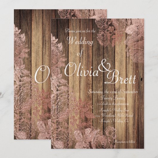 Rustic Wood Roos Lace Wedding Invitation Kaart (Voorkant / Achterkant)