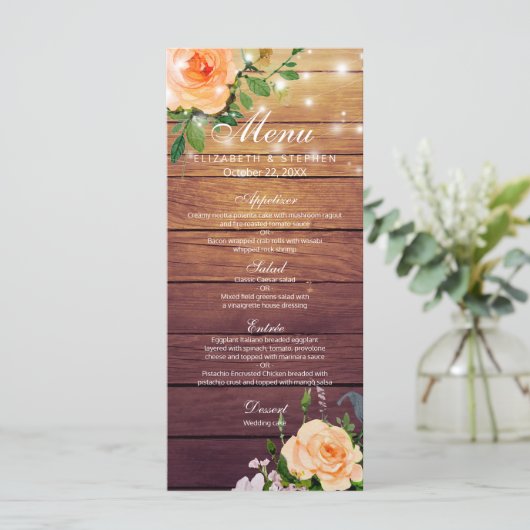 Rustic Wood Rose Floral String Lights Mariage Menu (Debout devant)