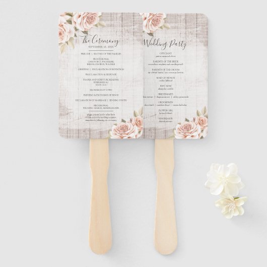 Rustic Wood & Roses Huwelijksprogramma & Feest Men Handwaaier (Voorkant en achterkant)
