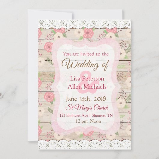 Rustic Wood roze en Tan Floral Wedding Invitation Kaart (Voorkant)
