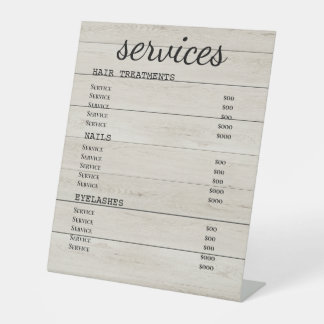 Rustic Wood Salon Service Menu Sign Reclamebord Met Voetstuk
