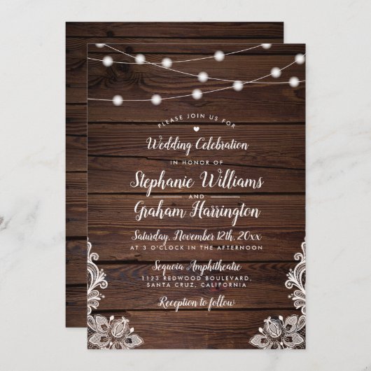 Rustic Wood Script String Lights & Lace Wedding Kaart (Voorkant / Achterkant)