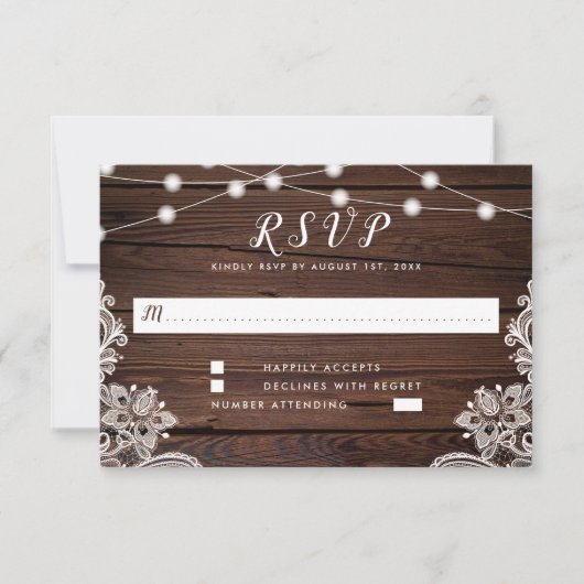 Rustic Wood Script String Lights & Lace Wedding RSVP Kaartje (Voorkant)
