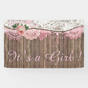 Rustic Wood Shabby Chic Pink Lace Girl Baby shower Spandoek