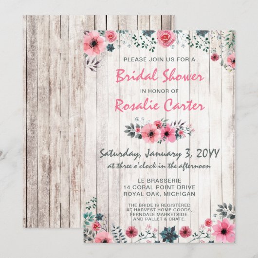 Rustic Wood Shabby Rose nuptiale douche Invitation (Devant / Derrière)