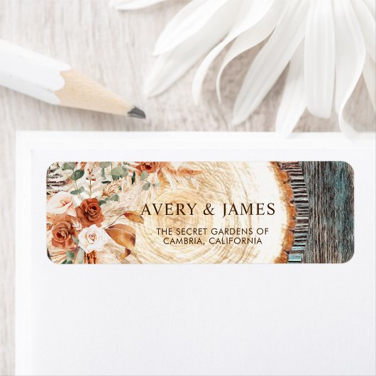 Rustic Wood Slice Pampas Floral Wedding Address Etiket