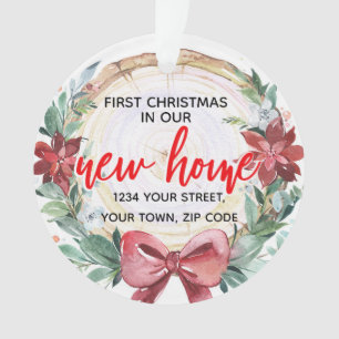 Rustic Wood Slice & Poinsettia Wreater New Home Ornament