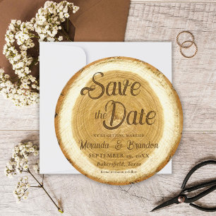 Rustic Wood Slice Wedding Save the Date Card Kaart