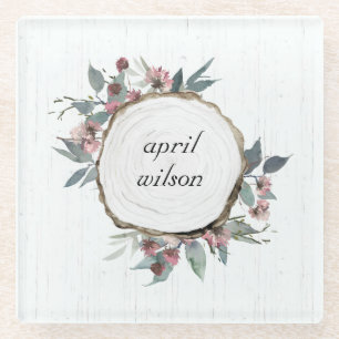 RUSTIC WOOD SLICE WILD FLORAL EUCALYPTUS PINKEN GLAZEN ONDERZETTER