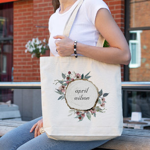 RUSTIC WOOD SLICE WILD FLORAL EUCALYPTUS PINKEN TOTE BAG
