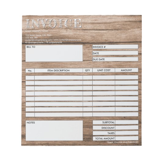 Rustic Wood Small Invoice Form Business Logo Notitieblok (Voorkant)