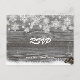 Rustic Wood & Sneeuwvlokken Huwelijk RSVP Postkaar Uitnodiging Briefkaart
