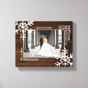 Rustic Wood Snowflake Pas getrouwd kerstfoto Canvas Afdruk