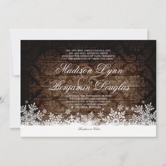 Rustic Wood Snowflakes Winter Wedding Invitations Kaart (Voorkant)