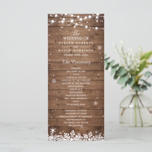 Rustic Wood Snowflakes Winter Wedding Programme Programma (Staand voorkant)
