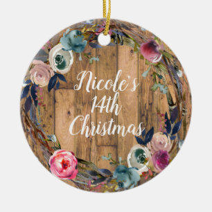 Rustic Wood Stick Floral Wreath Personalized Keramisch Ornament