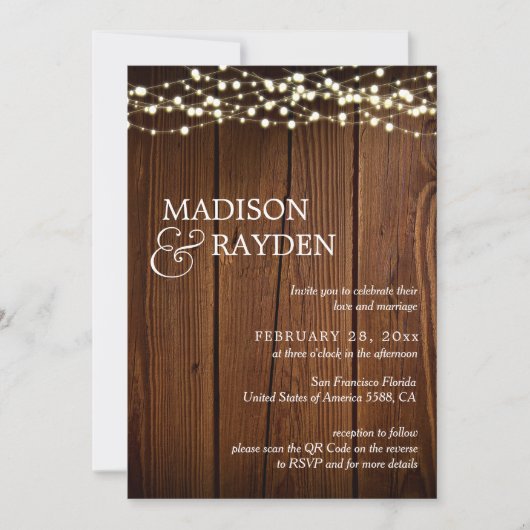 Rustic Wood String light 3 Foto's QR Code Weddensc Kaart (Voorkant)