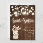 Rustic wood string light mason jar Sweet 16 Kaart (Voorkant)