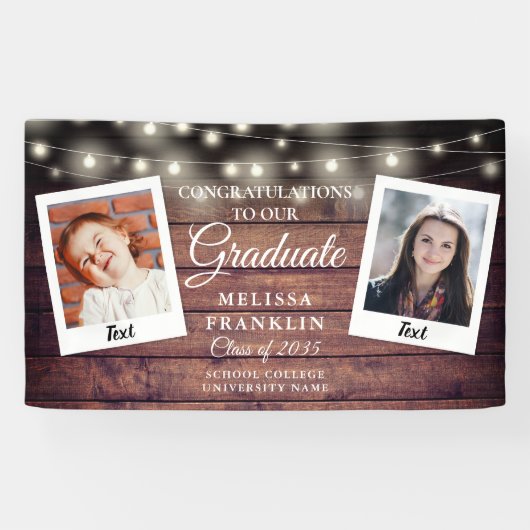 Rustic Wood String Lights 2 Foto Afstuderen Spandoek (Horizontaal)