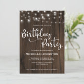 Rustic Wood String Lights 50th Birthday Party Kaart (Staand voorkant)