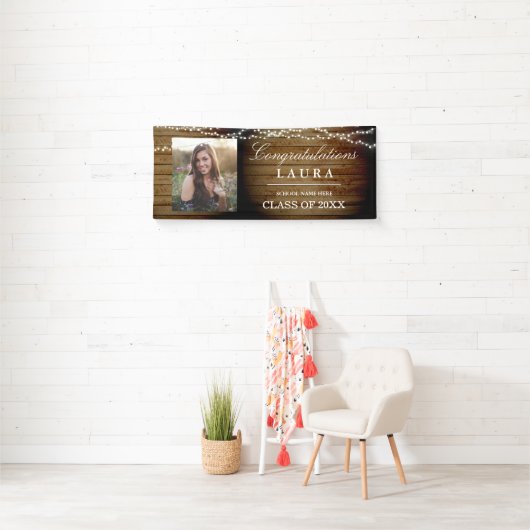 Rustic Wood String Lights Afstuderen Fotobanner Spandoek (Insitu)
