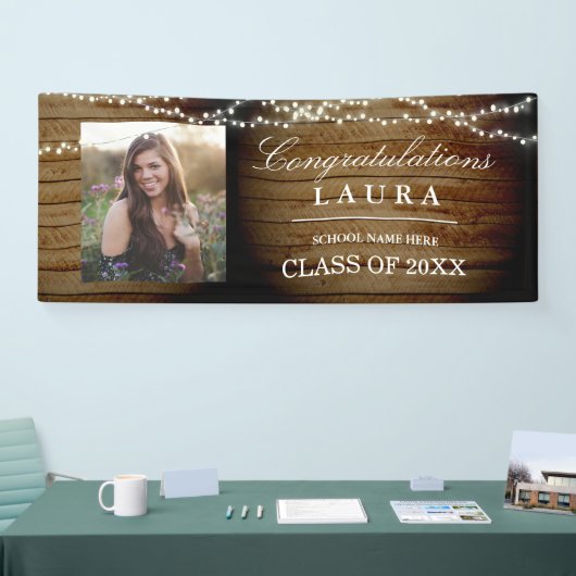 Rustic Wood String Lights Afstuderen Fotobanner Spandoek (Beurs)
