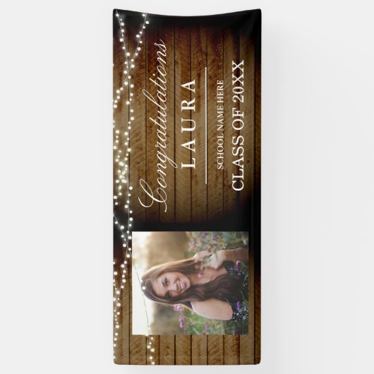 Rustic Wood String Lights Afstuderen Fotobanner Spandoek (Verticaal)