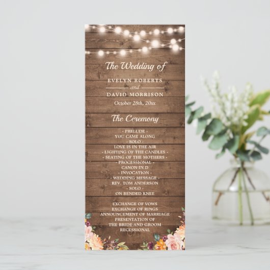 Rustic Wood String Lights Autumn Floral Wedding Programma (Staand voorkant)