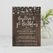Rustic Wood String Lights Baptism 1st Birthday Kaart (Staand voorkant)