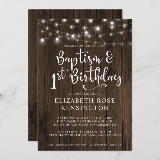 Rustic Wood String Lights Baptism 1st Birthday Kaart (Voorkant / Achterkant)