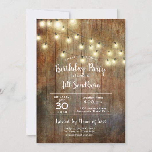 Rustic Wood & String Lights Birthday Party Kaart (Voorkant)