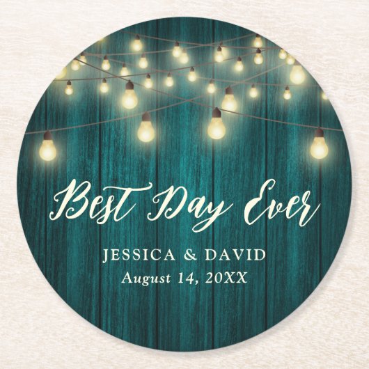 Rustic Wood String Lights Blauwgroen Weddenschap Ronde Kartonnen Onderzetter (Voorkant)