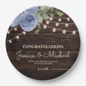 Rustic Wood String Lights Blue Floral Wedding Papieren Bordje (Voorkant)