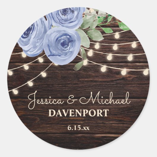 Rustic Wood String Lights Blue Floral Wedding Ronde Sticker (Voorkant)