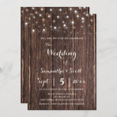 Rustic Wood String Lights Boho Wedding Invitations Kaart (Voorkant / Achterkant)