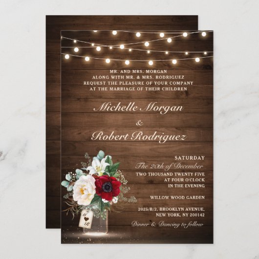 Rustic Wood String Lights Burgundy Floral Wedding Kaart (Voorkant / Achterkant)