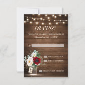 Rustic Wood String Lights Burgundy Floral Wedding RSVP Kaartje (Voorkant)