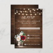 Rustic Wood String Lights Burgundy Floral Wedding RSVP Kaartje (Voorkant / Achterkant)