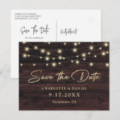 Rustic Wood String Lights Elegant Script Wedding Aankondigingskaart (Voorkant / Achterkant)